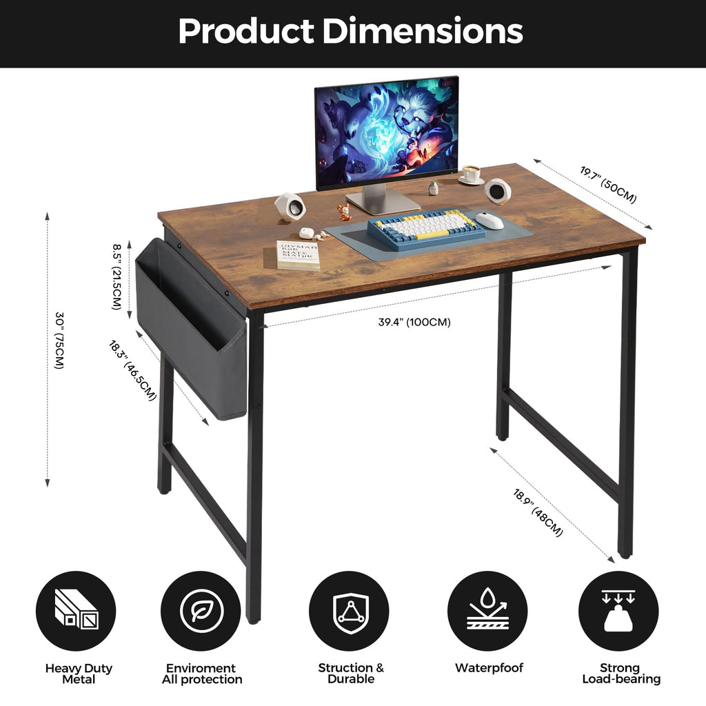 Panana Simple Computer Desk with Storage Bag and Headphone Hook, Modern Small Study Writing Table Home Office Desk PC Laptop Desk for Home Workstation (Rustic Brown, 100 x 50 x 75 cm)