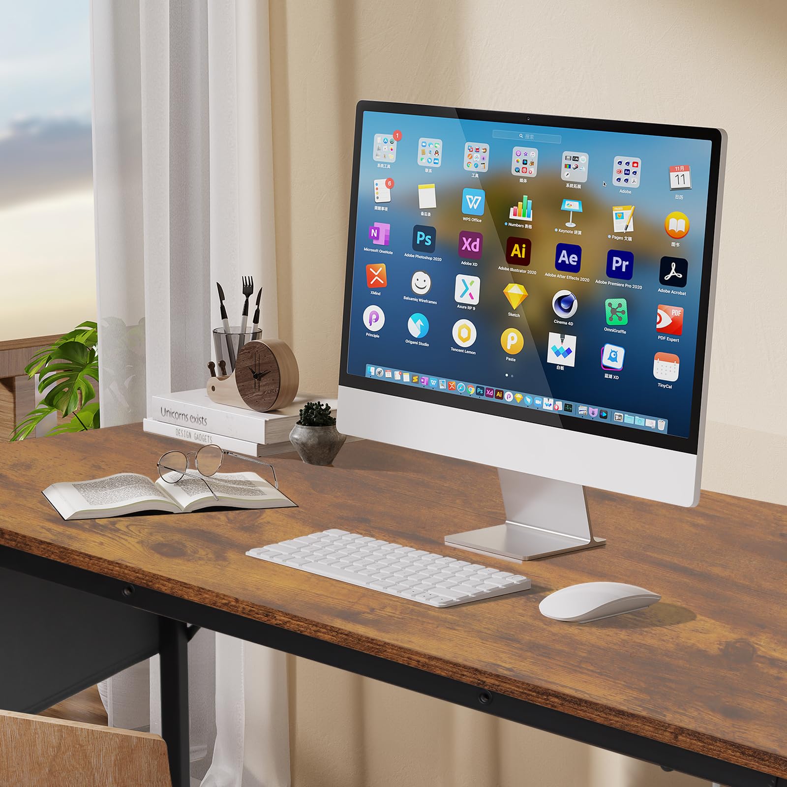 Panana Simple Computer Desk with Storage Bag and Headphone Hook, Modern Small Study Writing Table Home Office Desk PC Laptop Desk for Home Workstation (Rustic Brown, 100 x 50 x 75 cm)