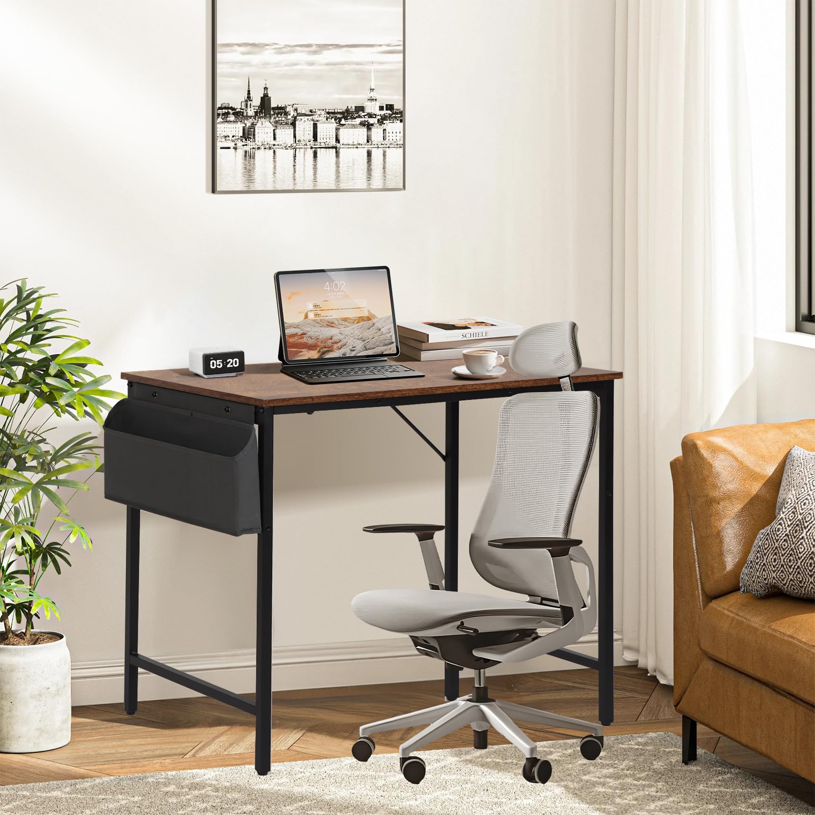 Panana Simple Computer Desk with Storage Bag and Headphone Hook, Modern Small Study Writing Table Home Office Desk PC Laptop Desk for Home Workstation (Rustic Brown, 100 x 50 x 75 cm)