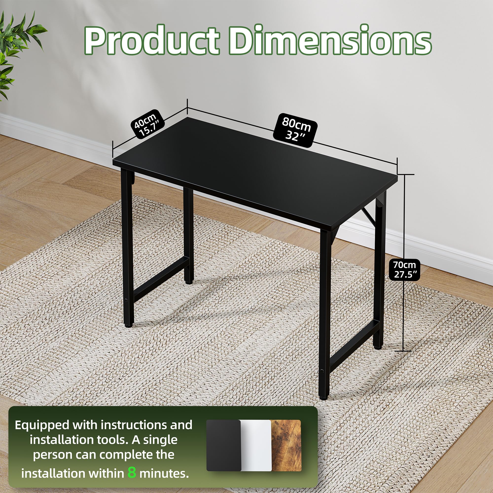 Grandder 80 cm Computer Desk, Small Home Office Desk Study Writing Kid Table for Small Spaces, Simple PC Gaming Desk, Adjustable Feet, Black